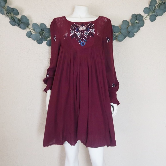Free People Dresses & Skirts - Free People Moya Boho Embroidered Burgundy Dress
